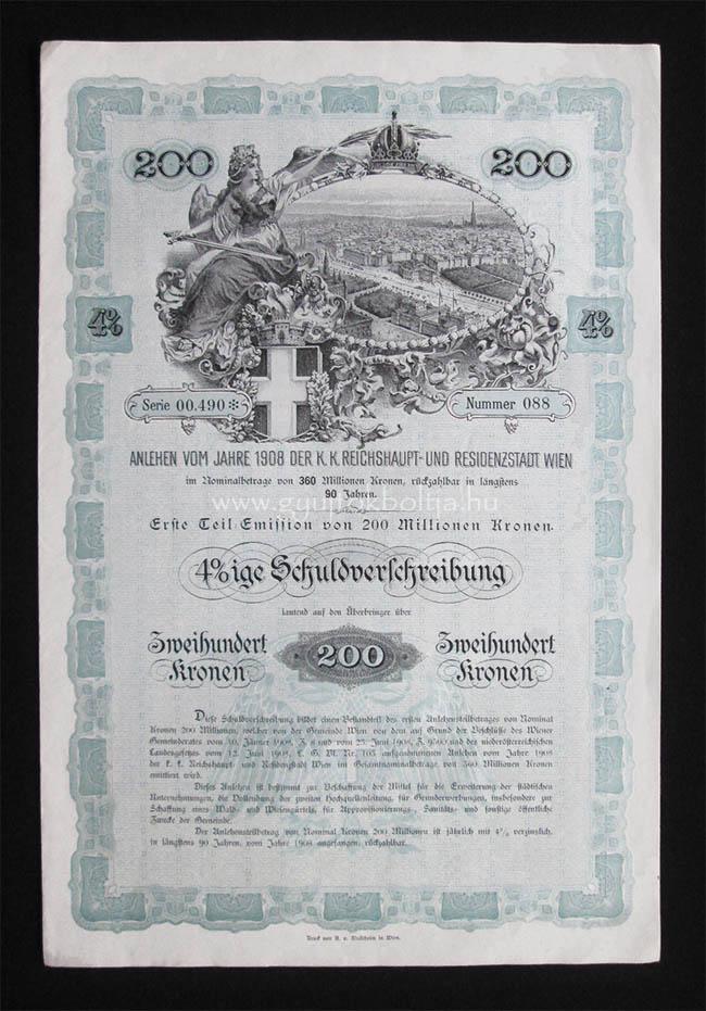 Bécs város 4%-os kötvénye 200 korona 1908